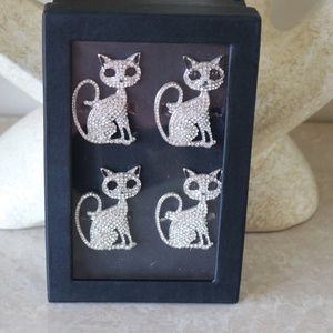 TAHARI HOME HALLOWEEN CAT RHINESTONES NAPKIN RINGS - SILVER - SET OF 4 - NEW